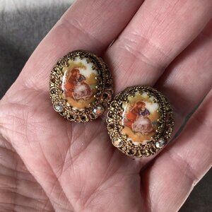 Vintage W. Germany, Gold-Toned, AB Crystals, Clip-On Earrings, Aurora Borealis